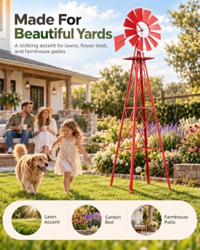 8FT Windmill for Yard Garden Decoration,Heavy Duty Outdoor Wind Mills, Large Metal Outdoor Windmill,Weather Resistant,Red - Image 2
