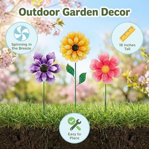 3pcs 18inch Metal Flower Decorative Garden Stakes & Wind Spinner for Outdoor, Colorful Yard Art Garden Decorations for Outside Lawn Porch Pathway Patio. - Image 2