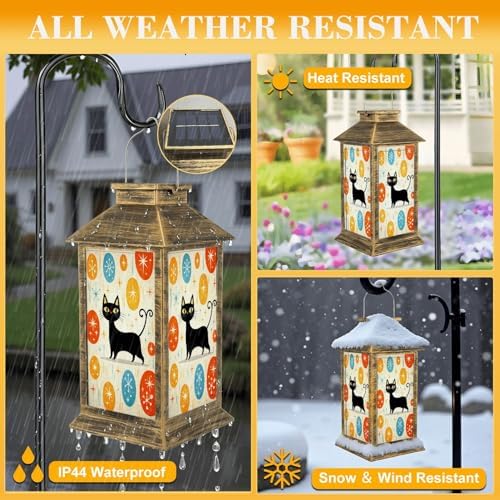 Solar Lantern Outdoor Waterproof Mid Century Black Cat Retro Modern Abstract Geometric 1950s 1960s Garden Decor LED Solar Lights Hanging/Tabletop Lamp Gifts for Women Mom for Outside Yard Patio - Image 3