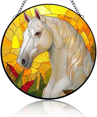 Stained Glass Suncatcher White Horse in Yellow Handmade Window Hangings Colored Glass Suncatcher Crafts Kits for Indoor Garden Christmas Decor Gift for Animal Lover 9.8 Inch by Unknown