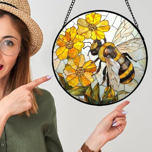 Yellow Flower Bee Stained Glass Window Hanging Decor Gifts for Women 12" - Image 3