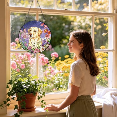 Personalized Dog Photo Stained Glass Suncatcher Custom Pet Portrait Memorial Window Hanging with Flowers, Keepsake Sympathy Birthday Gifts for Dog Lovers Pet Owner Family Home Decor 11.81Inch - Image 4