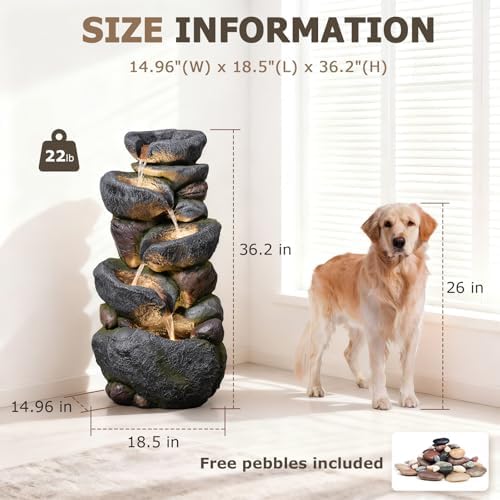36.2''Tall Rock Outdoor Water Fountain with LED Lights - Image 2