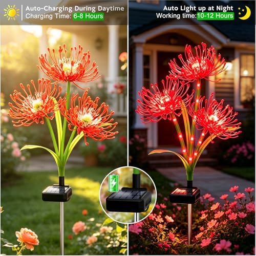 VOOKRY Solar Lights Outdoor, 4 Pack Red Spider Lily Garden Flower Lights - Image 2