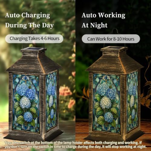 Solar Lantern Stained Glass Style Blue Outdoor Waterproof Garden Hanging Lantern Solar Powered Lighting Outside Solar Light for Patio Yard Camping, Gifts for Women Mom - Image 4