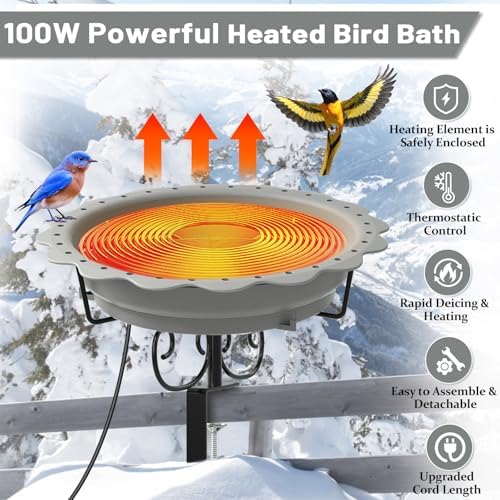 100W Heated Bird Baths for Outdoors, Heated Birdbath Outside Winter, Gray - Image 2