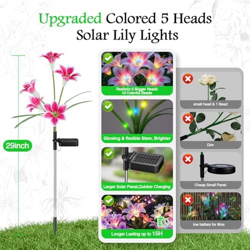 Solar Lights Outdoor Garden Decor - 10 Pack Solar Flowers with 50 Heads Colorful Lily Lights & Glowing Stems, Brighter Waterproof Decorative Garden Lights for Yard, Patio, Flower Bed, Gifts - Image 3