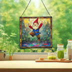 Raindrop Dance Gnome Stained Glass Suncatcher – Square Hanging Window Panel for Home or Greenhouse – Whimsical Glass Art Gift for Garden Lovers, Christmas, Halloween, Father Days 5CgFwp - Image 2