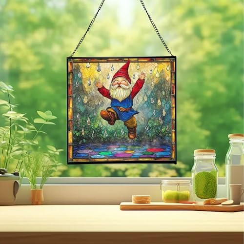 Raindrop Dance Gnome Stained Glass Suncatcher – Square Hanging Window Panel for Home or Greenhouse – Whimsical Glass Art Gift for Garden Lovers, Christmas, Halloween, Father Days 5CgFwp - Image 2