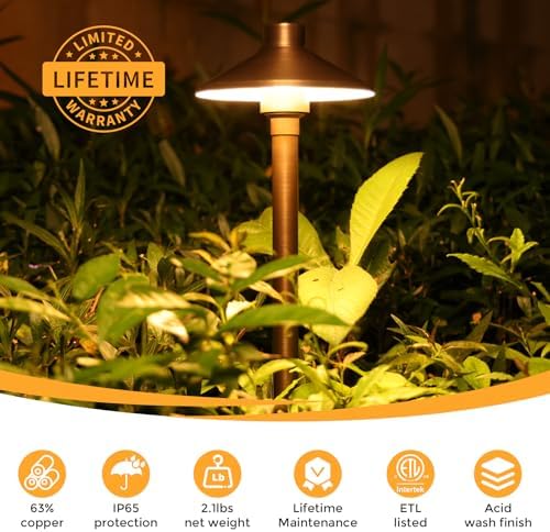 Gardencoin Solid Brass Low Voltage Landscape Pathway Lights (6.7'' Shade, 21.9'' Tall), 12V AC/DC Heavy Duty LED Path Lights Outdoor Wired, Antique Bronze Walkway Lights Without G4 Bulb, 6 Pack - Image 2