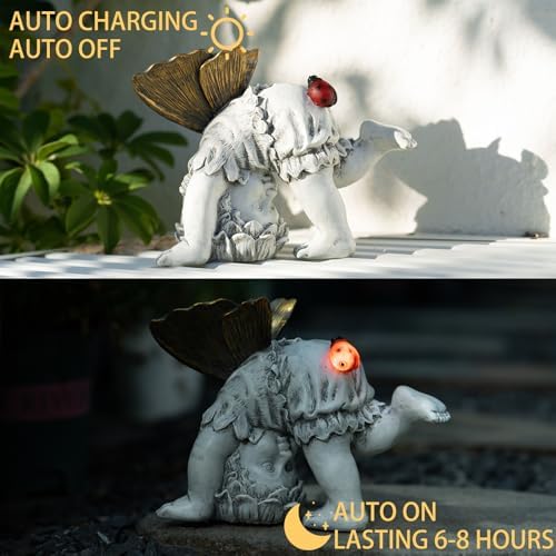 Suyorpe Solar Fairy Garden Statue Decor - Gifts for Women Mom Mother's Day, Angel Boy Resin Figurine Waterproof Home Decoration with Ladybug LED Lights for Outdoor Balcony Lawn Yard Patio - Image 3