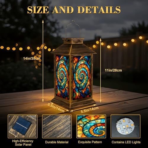 Solar Lantern Outdoor Waterproof Colorful Stained Glass Garden Decor LED Hanging Solar Lights Tabletop Lamp Gifts for Women Mom Outside Yard Patio Porch - Image 2