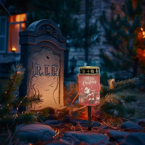 Poceacles Christmas Cemetery Candle Grave Lights Outdoor Waterproof Decoration Pathway Lights Garden Solar Candle for Garden Lawn Decor, Santa Claus Red Print, 2 Pack - Image 2