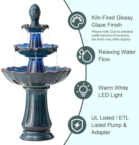 Glitzhome Outdoor Fountain and Waterfalls 3 Tier Patio Fountains, 45" H Turquoise Ceramic Water Fountain with LED Light, Pump & Adapter Garden Outdoor Floor Stand Fountains for Backyard Deck Lawn - Image 6