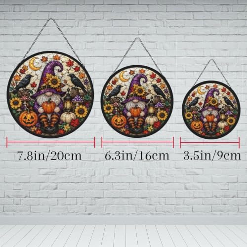Stained Glass Crow Pumpkin Gnome Suncatcher, Maple Crescent Moon Sunflower Round Panel, Autumn Halloween Spooky Window Hanging Decor - Image 6