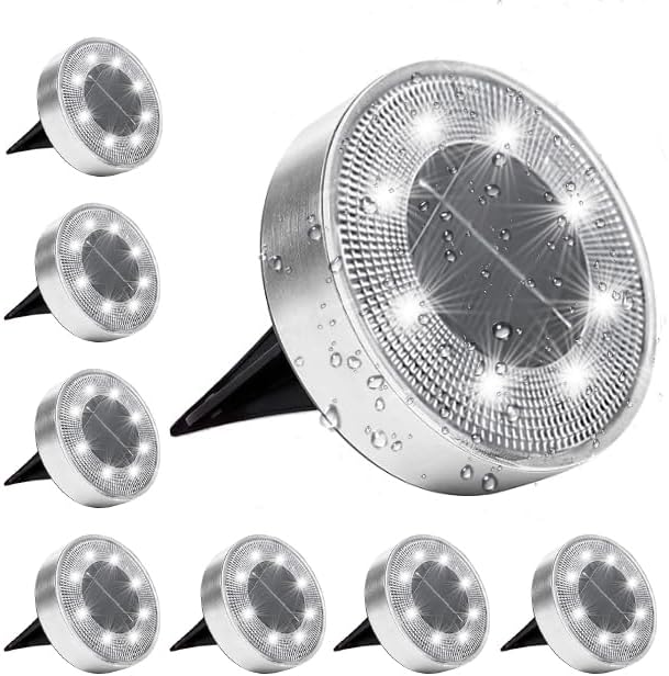 Siatom Stainless Steel Solar Ground Lights 8 Pack, IP68 Waterproof Solar In-Ground Light for Outdoor, Flat Landscape Lighting, Garden Disc Light for Pathway, Walkway, and Yard - 8 Pcs (Cold White) by SiatomLighting
