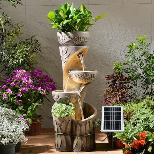 35.6" Solar Outdoor Water Fountain - Relief Leaf Design 4 Tiers Fountains by KAISOKUFOUNTAIN