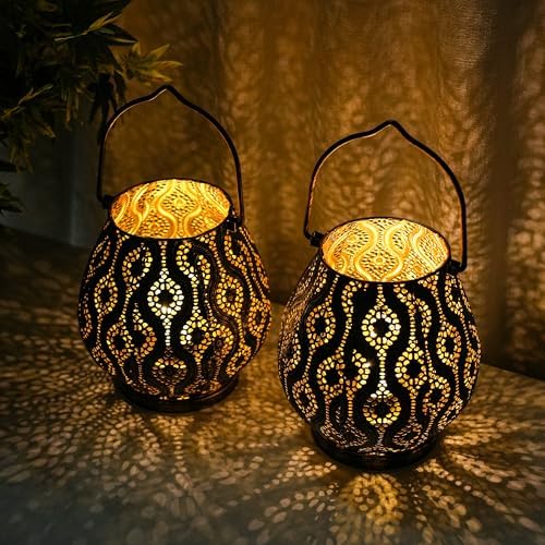 TRIROCKS Set of 2 Moroccan Decorative Lamps 8'' High Cordless Lamp Metal Table Lamps with Fairy Lights Bulb for Home Living Room Garden Yard Party Events Tabletop Indoor Outdoor(Black) - Image 7
