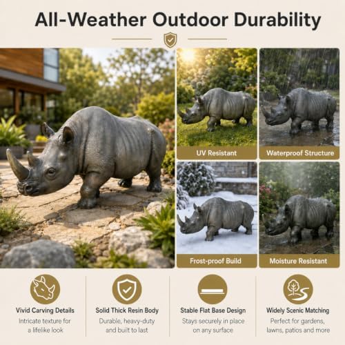 Garden Statue 27.5" Resin Rhino, Outdoor Statue Weatherproof Lawn Ornament - Image 4