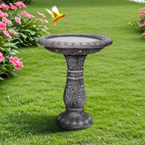 SunJet 24.4” H x 20” Dia Outdoor Birdbath with Intricate Floral Carvings Pedestal - Fibre Reinforced Concrete Birdbaths, Vintage Design for Garden Decor & Bird Attraction - Image 3