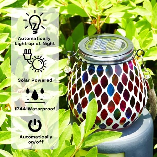2 Pack Mosaic Red Solar Lanterns, Outdoor Glass Hanging Lights, Waterproof, Solar Table Lamps, Christmas Gifts for Women Mom Grandma, Night Lights, Decoration for Garden, Patio, Yard, Outdoor Decor - Image 2