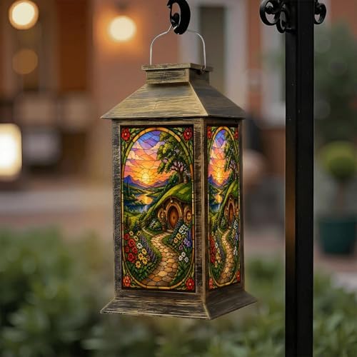 Solar Lantern Outdoor Waterproof Stained Glass Cottage Flower Garden Scenic Hillside Garden Decor LED Hanging Solar Lights Tabletop Lamp Gifts for Women Mom Outside Yard Patio Porch by DERUINVAIO