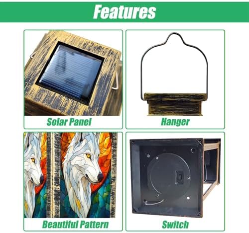 Solar Lantern Wolf Stained Glass Portrait Golden Sun Halo Blue Mosaic Wildlife Art Outdoor Waterproof Hanging Solar Light Outside Lights for Patio Yard House Lawn Decor Birthday Gifts for Women Mom - Image 3