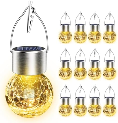 Solar Hanging Lanterns Outdoor: 12 Pack Cracked Glass Ball Lights with Clip - Waterproof Warm White Fairy Globe Lighting Yard Tree Ornaments - Gardening Gifts for Mom Grandma by AHongem