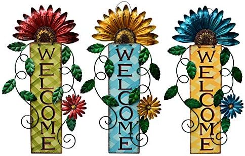 Metal Welcome Sign Rustic Wall Hanging Plaque - Decorative Welcome Flower Signs for Porch Front Door Farmhouse Home Decoration Garden Themed Wreath Ornament (Set of 3) by Unknown