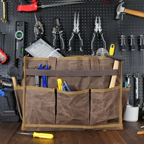 Canvas Large Tool Bag - A Large Main Pocket and 14 Insert Pockets Garden Tool Tote Bag - Durable 16oz Waxed Canvas Tool Case with Handle - Tool not Included - Image 5