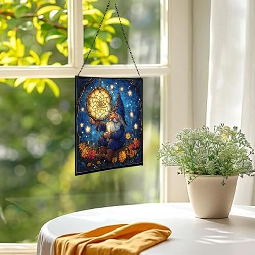 Gnome with Dreamcatcher Stained Glass Suncatcher – Square Hanging Window Panel for Home or Greenhouse – Whimsical Glass Art Gift for Garden Lovers, Christmas, Halloween, Father Days lkrjZa - Image 3