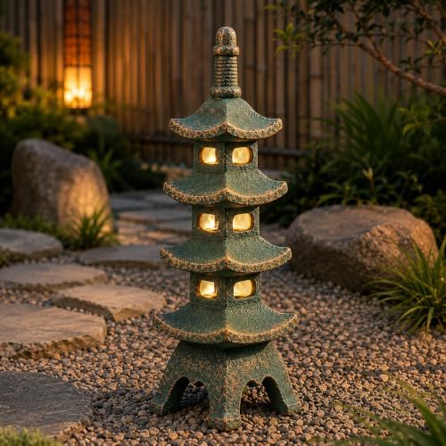 Qeeman Solar Pagoda Garden Statues Decor: Multi-Layer Resin Zen Sculpture by WELCOMETOQEEMAN