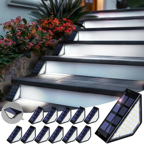 PATIOWIN 12 Pack Solar Step Lights for Outside, 24 LEDs Solar Stair Lights Waterproof IP65, Solar Deck Lights Outdoor Decor for Garden, Porch, Pathway, Patio, Fence(Cold White) by PATIOWIN