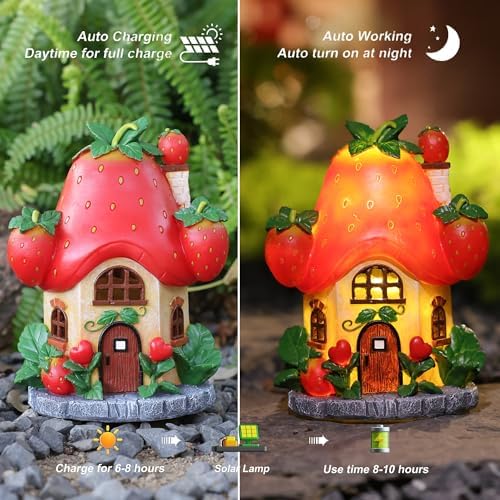 Solar Fairy Garden Houses - Fairy Outdoor Decor Strawberry Houses with Solar Light for Patio Balcony Yard,Lawn Ornament Perfect Garden Gift - Image 3