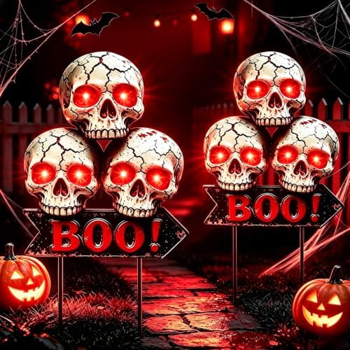 YJFWAL Halloween 3 Head Skull Solar Garden Lights Outdoor Waterproof, for Child and Friends, Stake Light with Solar Lantern, Hanging Solar Lights, Solar Path Lights Outside Patio Decor 2 Pack by YJFWAL
