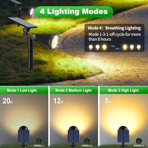 Tadyreal Solar Spot Lights Outdoor Waterproof 180° Adjustable Solar Powered Landscape Lights for Yard 4 Lighting Modes Solar Spotlights for Pathway Garden Outside Wall Pool Porch (6 Pack, Warm White) - Image 3