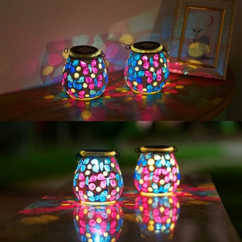 Stargarden 4 Pack Mosaic Solar Lanterns, Glass Hanging Lantern Outdoor - Image 4