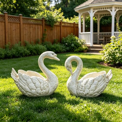 12.6" Swan Planter Statue Resin Weatherproof Outdoor, White - Image 5