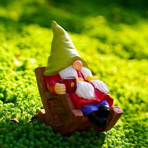 Solar Powered Relax Garden Gnome Statue, Rocking Chair Gnome 6.5“ with Glowing LED Nose & Coffee Cup, Hand Painted Resin Outdoor Indoor Decor Ornament for Patio Lawn Yard Home, Calming Novelty Gift - Image 3