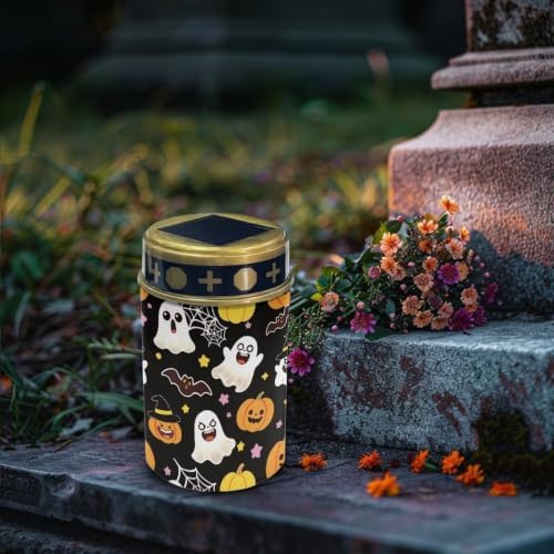 Poceacles Flameless Candle Solar Powered Grave Outdoor Lights Cemetery Candle Flameless Fake LED Pillar Lights Outdoor Halloween Decoration, Cute Ghost Pumpkin Bat Print Black, Pack of 4 - Image 3