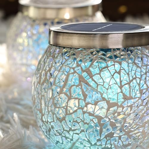 Cooo Gift for her him 4 Pack Heavy Solar Mosaic Crackle Glass Lights with Dual Solar Panels, Color-Changing RGB Lantern, Exclusive Dazzling Glass, Waterproof Outdoor Table Lamps Garden Lamp - Image 3