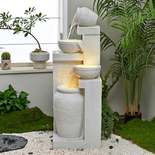42.52" Outdoor Water Fountain with Lights, 4 Tiers Water Feature for Garden by Desgmomy