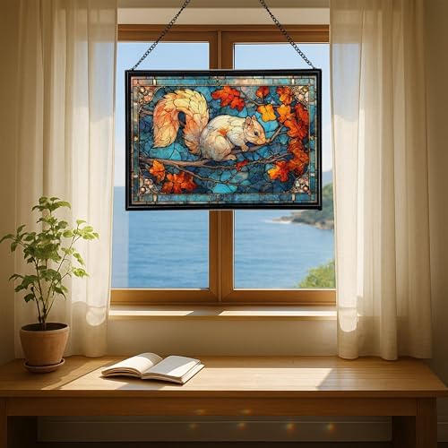 Squirrel Leaping from Tree Branch to Branch Rectangular Stained Glass Suncatcher – Hanging Window Panel with Animal & Nature Scene – Vibrant Glass Art Gift for Wildlife, Fantasy, Nature Lovers v0jcrD - Image 6