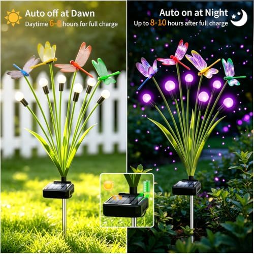 VOOKRY Dragonfly Solar Garden Lights Outdoor (8 Pack, 48 LEDs), Dragonfly Outdoor Decor with Solar Firefly Lights Waterproof Swaying Light for Yard Patio Pathway Lawn Gardening Gift for Women, Purple - Image 3