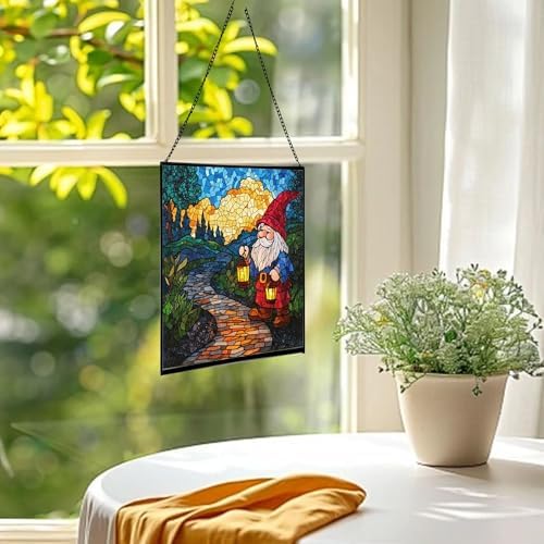Garden Lantern Path Gnome Stained Glass Suncatcher – Square Hanging Window Panel for Home or Greenhouse – Whimsical Glass Art Gift for Garden Lovers, Christmas, Halloween, Father Days r07p0u - Image 3
