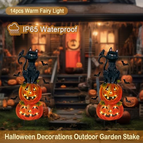 Outdoor Halloween Decorations,Metal Black Cat & Jack'O Lighted Timer Stakes - Image 3