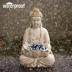 Goodeco Meditating Buddha Statue Sculpture - Outdoor Sitting Sculpture Decoration, Marble Finish with Lotus and Magical Glow in The Dark Pebbles and Glass Stones,Gift idea,White Color (12 inch) - Image 5