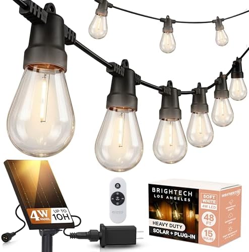 Brightech Ambience Hybrid Outdoor String Lights - Dual Plug and Solar Powered Waterproof LED Light String for Outside - Dimmable Soft White Edison Bulbs for Camping, Patio, Cafe, Yard - 48ft, 4W by Brightech
