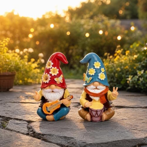 2Pack Garden Gnome Outdoor Statue, Fun Guitar and Drum Dwarf Rock Music Decoration, 6'' Hand Drawn Resin, Unique Home Gift for Music Enthusiasts and Gardeners by Manoai