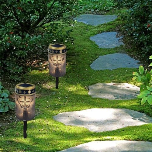 Poceacles 6 Pack Cross Solar Lights Solar Outdoor Lights Outdoor Waterproof Stake Solar Lights Votive Candles Grave Solar Candles for Memorial Day Decorations, Deer Cross Dove of Peace Light - Image 4